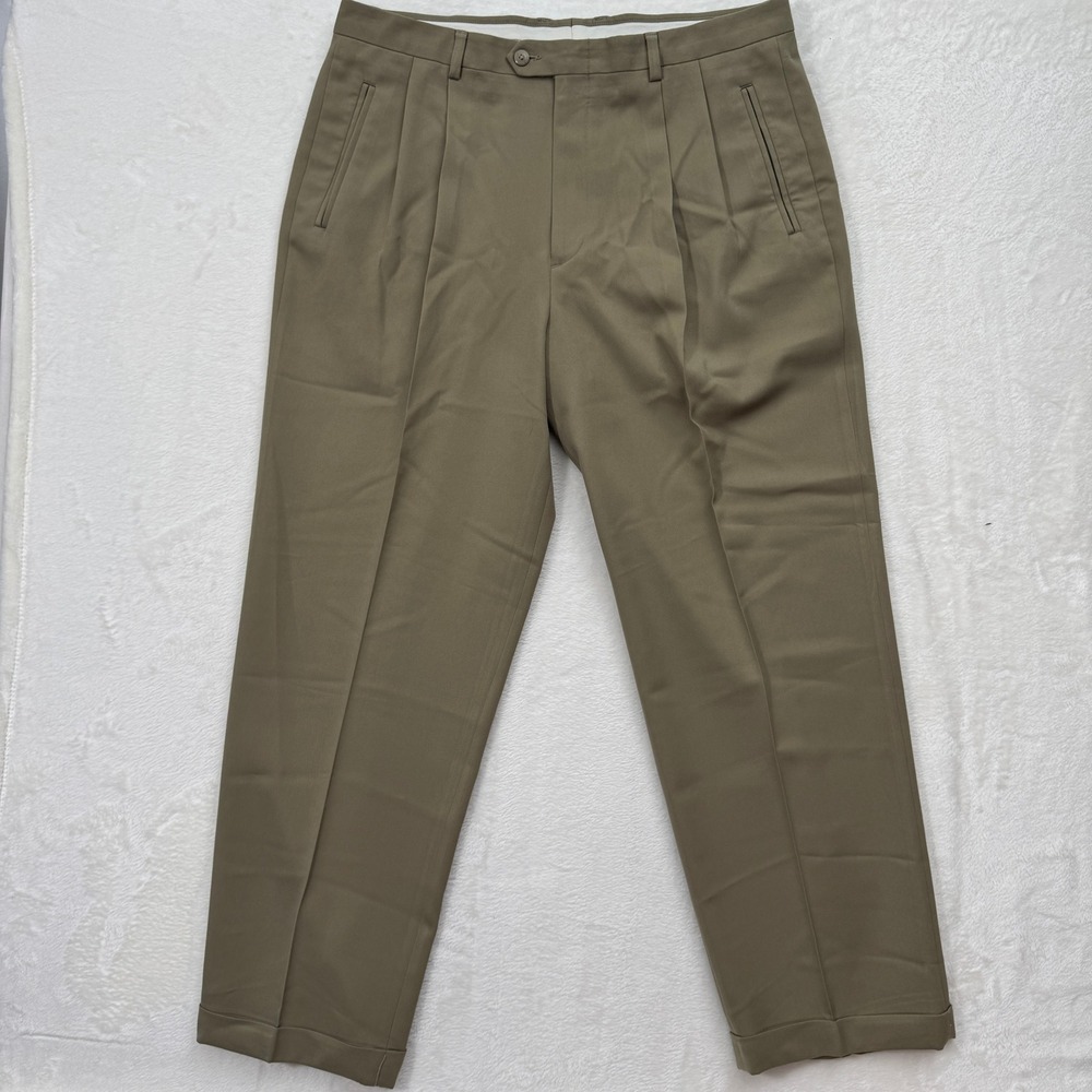 Claiborne Dress Pants Mens 38 Olive Pleated Cuffed Classic Trousers Slacks